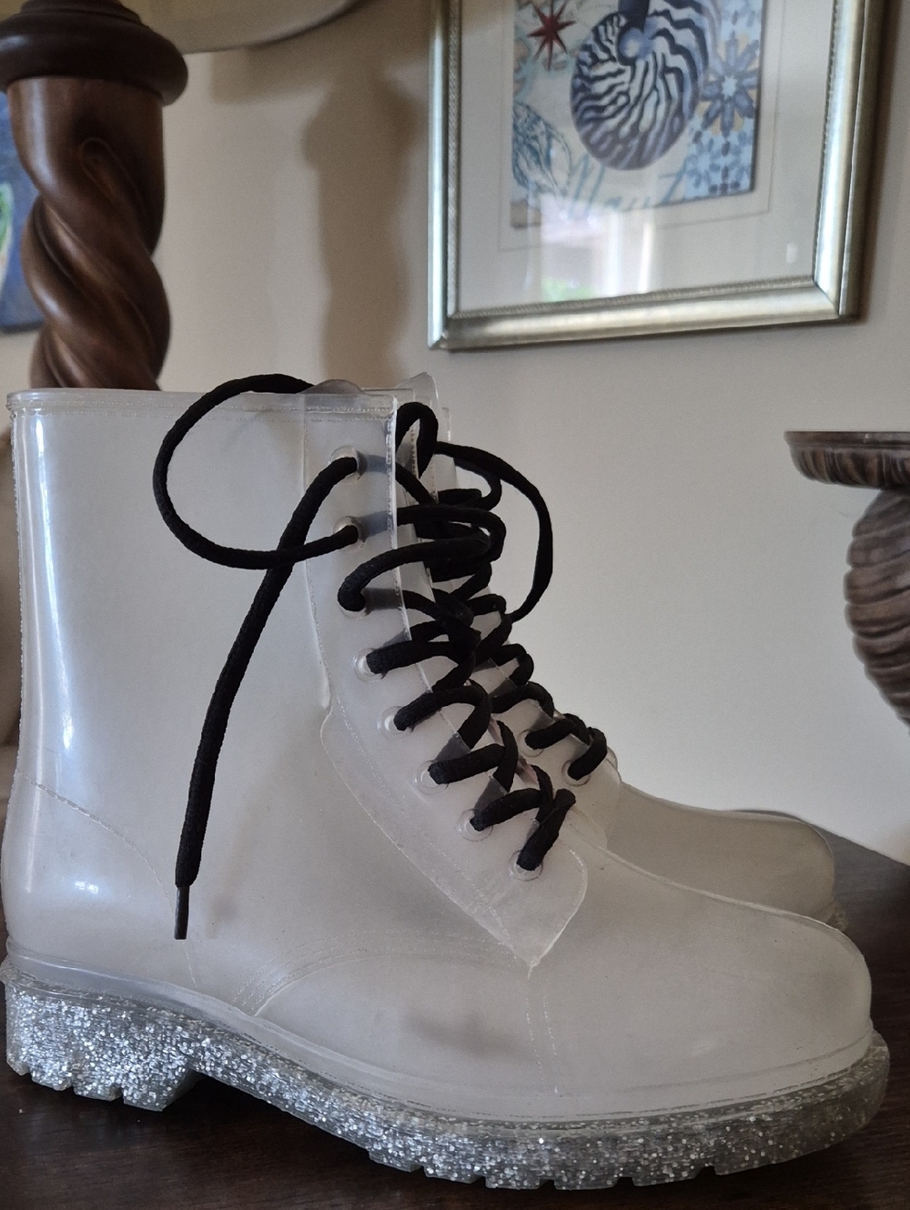 Clear Lace-Up Glitter Sole Women's Ankle Boots